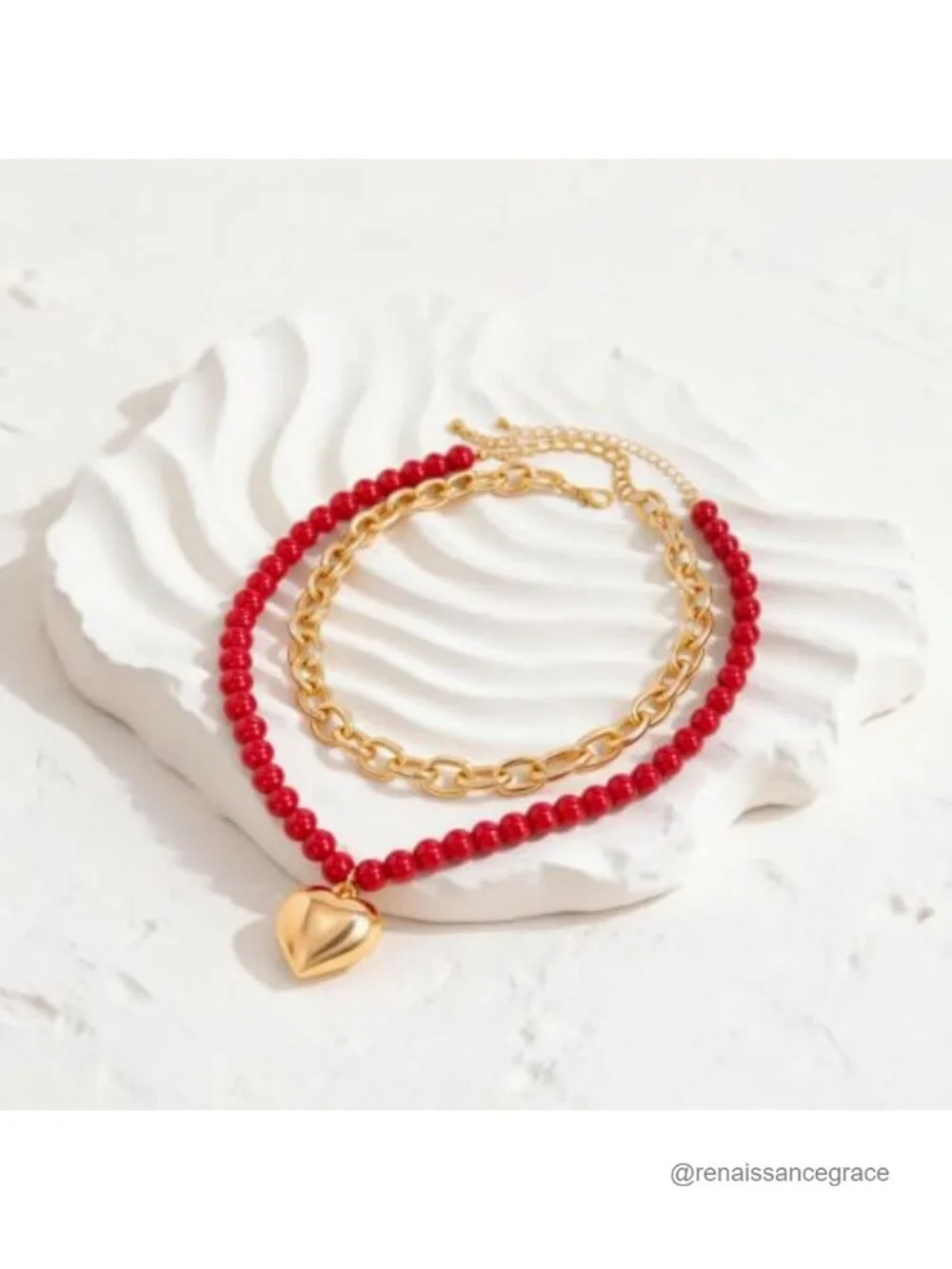 Red Beaded Layered Choker with Heart Pendant Statement Necklace 2-in-1